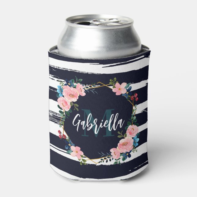 Enfriador De Latas Bandas Y Monograma Floral (Lata Anverso)