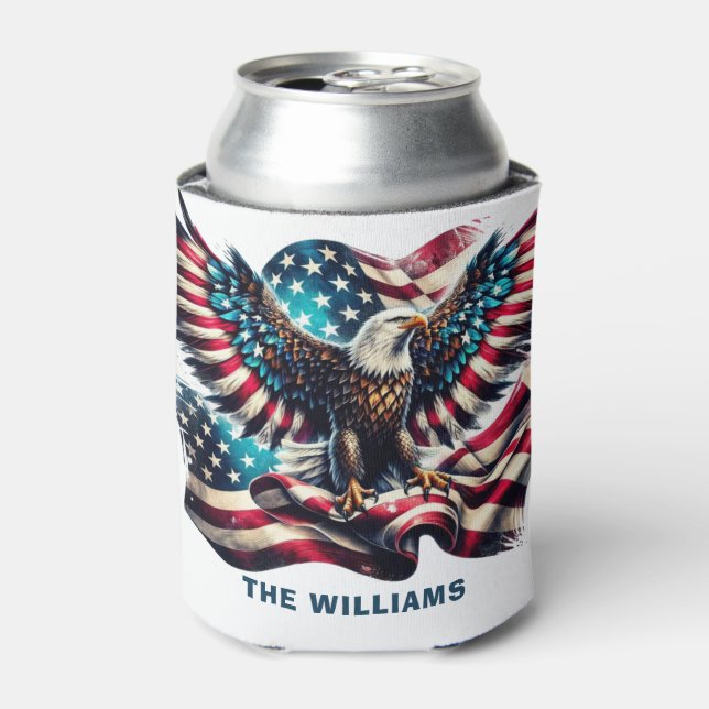 Enfriador De Latas Bandera De Eagle Patriótico De EEUU 4 De Julio (Lata Anverso)