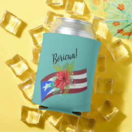 Enfriador De Latas Bandera de Puerto Rico con flor de maga boricua