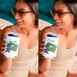 Enfriador De Latas Bandera de Washington y Flor Pacífico Rododendros