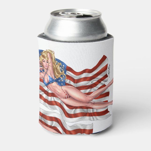 Enfriador De Latas Bandera estadounidense Bikini Pinup Chica de Al Ri (Reverso de la lata)