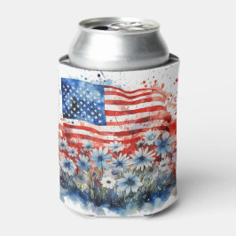 Enfriador De Latas Bandera y flores acuarelas estadounidenses