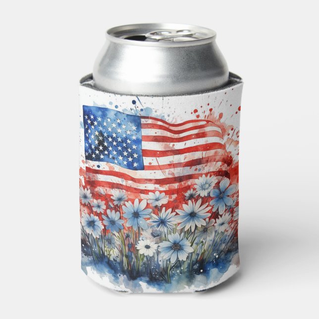 Enfriador De Latas Bandera y flores acuarelas estadounidenses (Lata Anverso)