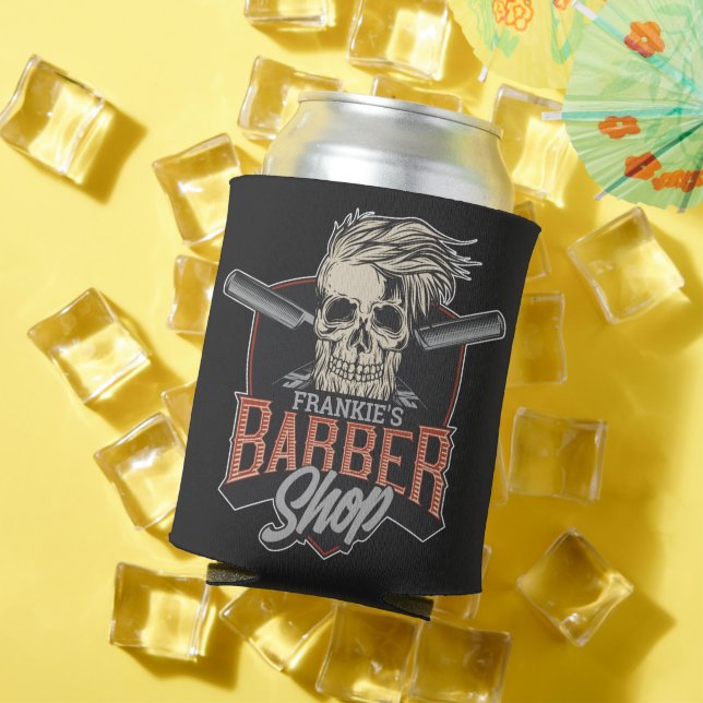 Enfriador De Latas Barbería Personalizada Cráneo y Navajas Hipster  (Verano in situ)