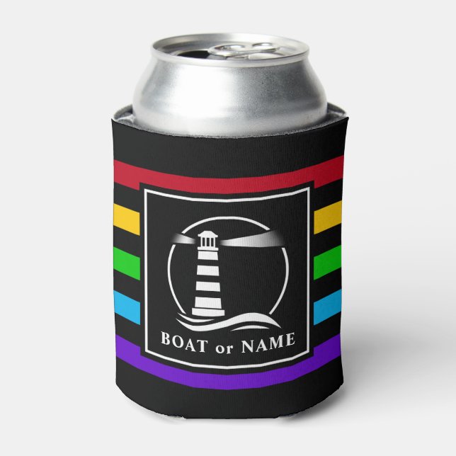 Enfriador De Latas Barco clásico del faro o nombre arcoiris desnudo (Lata Anverso)