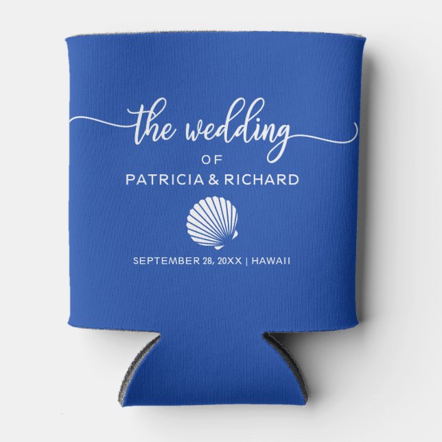 Enfriador De Latas Beach Destination Wedding Seashell Royal Blue (Anverso)