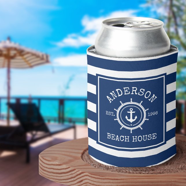 Enfriador De Latas Beach House Ancla Náutica Rope Helm Blue Strim (Customize to change text size or text style.)