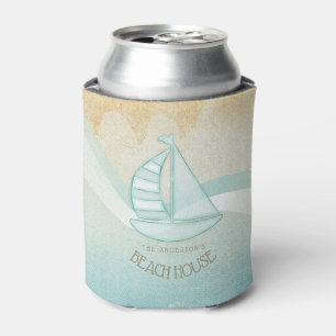 Enfriador De Latas Beach House Nautical Sailboat Aqua Blue ID623