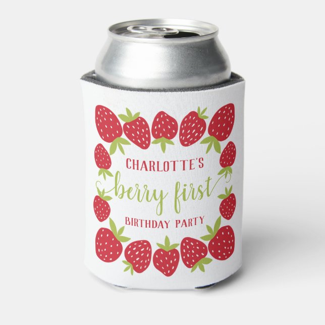 Enfriador De Latas Berry First Strawberry Primer Personalizado Fiesta (Reverso de la lata)