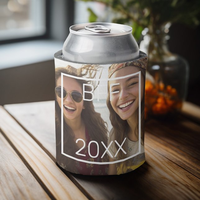 Enfriador De Latas BFF - añadir foto cuadrada y fecha con borde blanc (Personalized can cooler with an area to add photos and custom text)