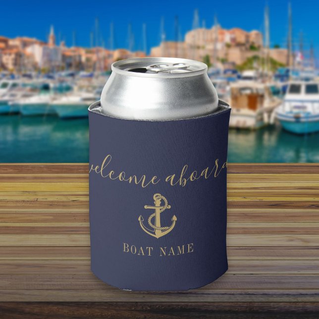 Enfriador De Latas Bienvenida A Bordo Nombre Navy Azul Y Oro (Welcome Aboard Boat Name Navy Blue And Gold Can Cooler)