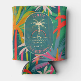 Enfriador De Latas Birday Beach fiesta palmera Tree sunset Watercolor