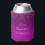 Enfriador De Latas Birthday party purple pink confetti name<br><div class="desc">A cooler for a girly and glamorous 21st (or any age) birthday party with the girls.  A deep purple background with elegant purple and pink confetti rain.  The name is written in white with a modern hand lettered style script. Personalize and add a name,  age 21 and a date.</div>