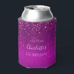 Enfriador De Latas Birthday party purple pink confetti name<br><div class="desc">A cooler for a girly and glamorous 21st (or any age) birthday party with the girls.  A deep purple background with elegant purple and pink confetti rain.  The name is written in white with a modern hand lettered style script. Personalize and add a name,  age 21 and a date.</div>