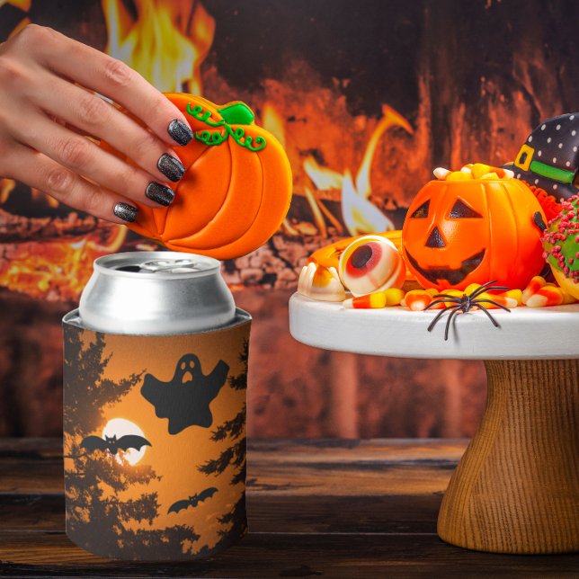 Enfriador De Latas Black and Naranja Spooky Halloween Night Scene (Halloween)