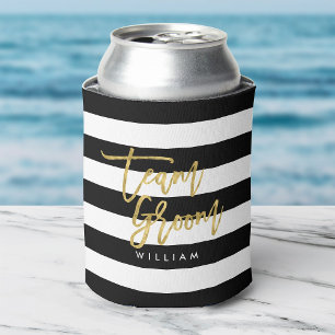 Enfriador De Latas Black and White Stripes Faux Gold Team Groom