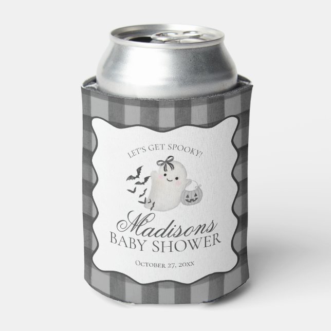 Enfriador De Latas Black Gingham Little Boo Ghost Baby Shower Favors (Lata Anverso)