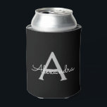 Enfriador De Latas Black Silver Modern Script Girly Monograma Nombre<br><div class="desc">Refrigeradores de bebidas de Bachillerato o Bachillerato de Estilo Sencillo y Negro. Estos Bodas,  duchas nupciales o Refrigeradores de bebidas de la fiesta de cumpleaños pueden ser personalizados para incluir su nombre de pila. Póngase en contacto con el diseñador para obtener elementos coincidentes personalizados.</div>