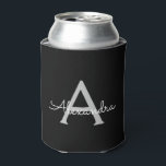 Enfriador De Latas Black Silver Modern Script Girly Monograma Nombre<br><div class="desc">Refrigeradores de bebidas de Bachillerato o Bachillerato de Estilo Sencillo y Negro. Estos Bodas,  duchas nupciales o Refrigeradores de bebidas de la fiesta de cumpleaños pueden ser personalizados para incluir su nombre de pila. Póngase en contacto con el diseñador para obtener elementos coincidentes personalizados.</div>