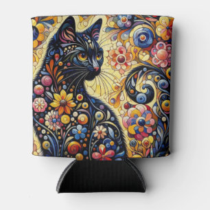 Enfriador De Latas Black Whimsical Cat Resumen Arte de pintura floral