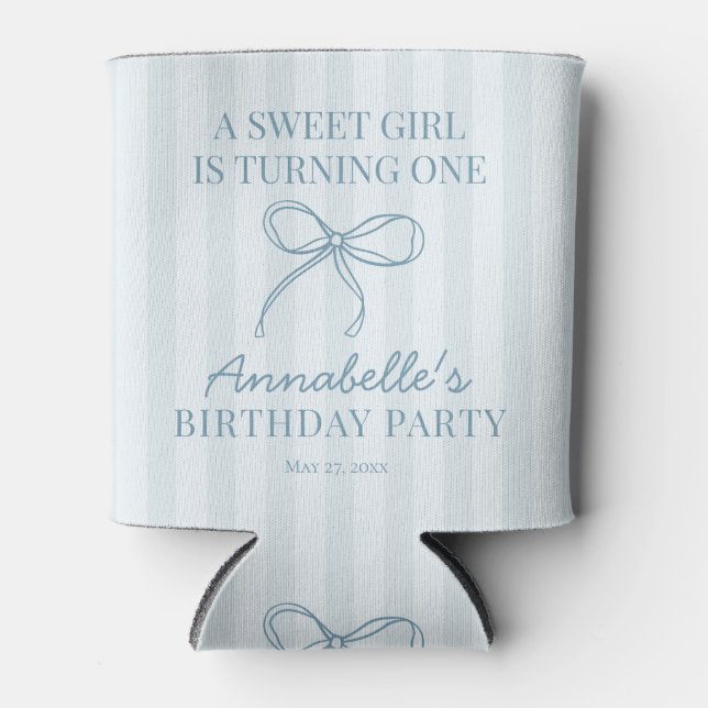 Enfriador De Latas Blue Coquette Bow Pastel Favor de cumpleaños a ray (Anverso)