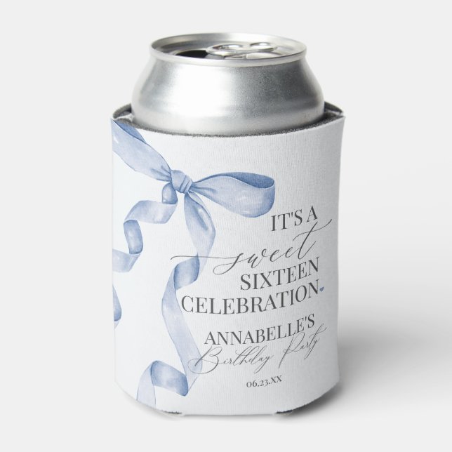 Enfriador De Latas Blue Coquette Bow Sweet 16 Birthday Party Favors (Lata Anverso)