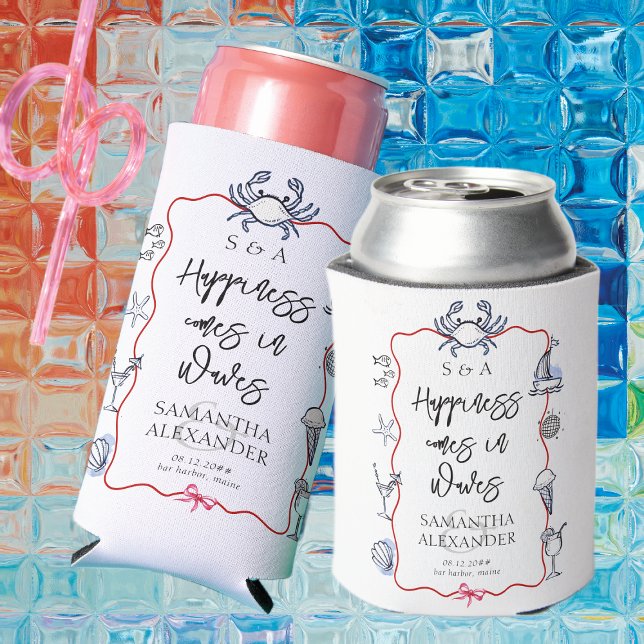 Enfriador De Latas Blue Crab Seafood Doodle Beach Destination Wedding (Coastal Maine Beach Blue Crab Doodles Destination Wedding Favors Can Cooler Elegant Preppy Script)