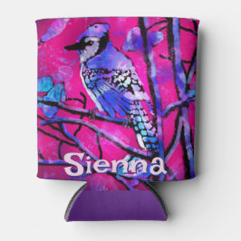 Enfriador De Latas Blue Jay Bird Tree Branch Pink Personalized 