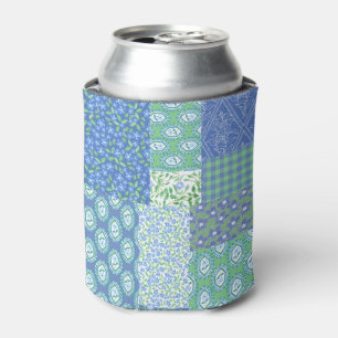 Enfriador De Latas Blue Periwinkle Floral Boho Faux Patchwork Pattern