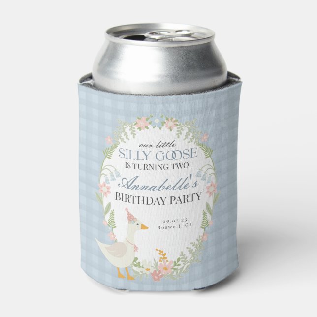 Enfriador De Latas Blue Silly Goose Floral Gingham Birthday Favor (Lata Anverso)