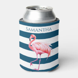 Enfriador De Latas Blue White Stripes Pink Flamingo Nombre personaliz