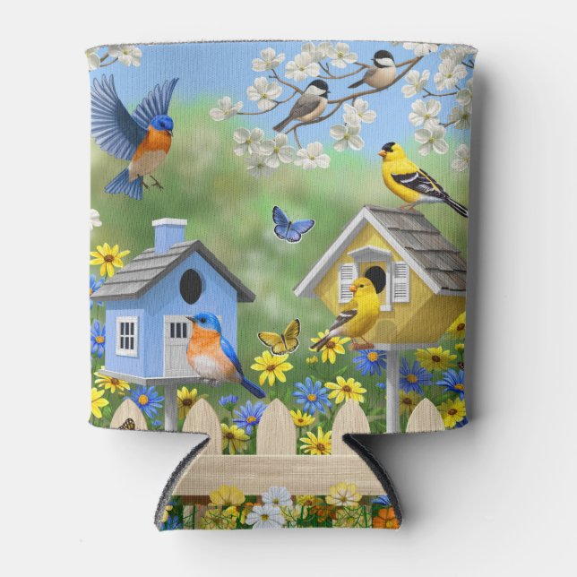 Enfriador De Latas Bluebirds Goldfinches Birdhouses Flower Garden (Anverso)