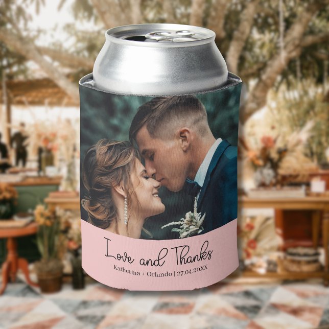 Enfriador De Latas Blush Pink Elegant Wedding Love and Thanks Photo (Subido por el creador)