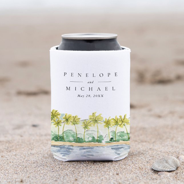 Enfriador De Latas Boda acuático tropical de palmeras de playa (Watercolor palm trees beach tropical wedding with elegant typography can coolers.)