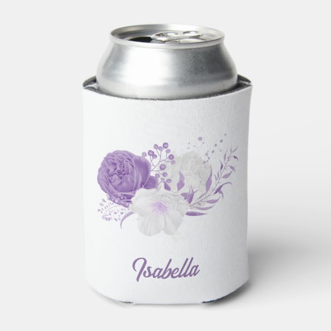 Enfriador De Latas Boda botánico floral púrpura y blanca (Lata Anverso)