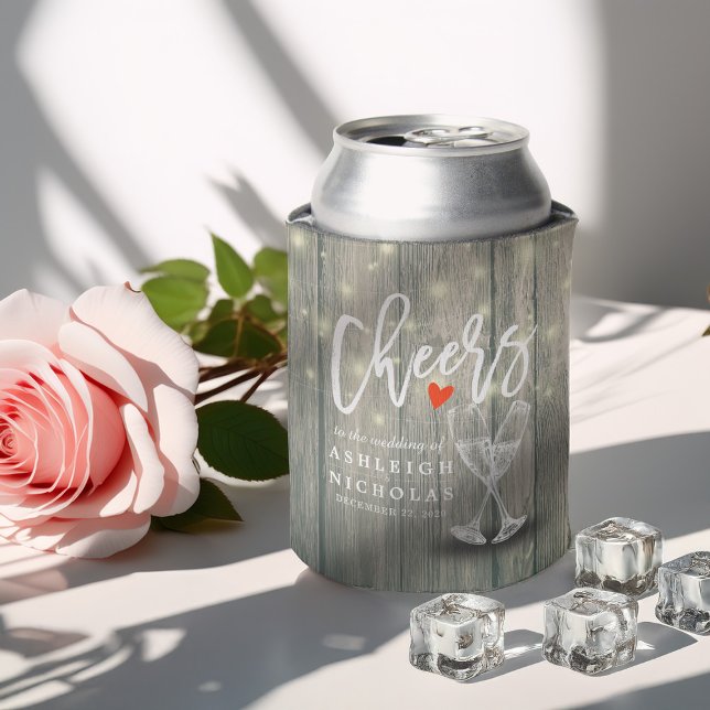 Enfriador De Latas Boda Champagne Glasses Rustic Wood String Light (Subido por el creador)
