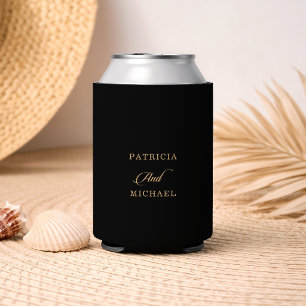 Enfriador De Latas Boda Clásica de Caligrafía en Negro y Dorado