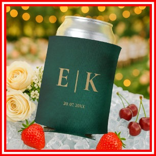 Enfriador De Latas Boda con Monograma Verde Esmeralda y Dorado