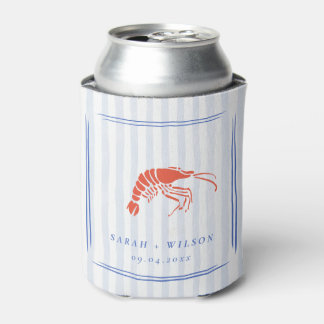 Enfriador De Latas Boda Costera Langosta Roja Azul a Rayas Retro