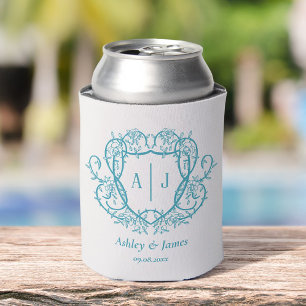 Enfriador De Latas Boda Cresta Monograma Turquesa Rosa Trepadora