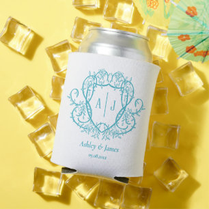 Enfriador De Latas Boda Cresta Monograma Turquesa Rosa Trepadora