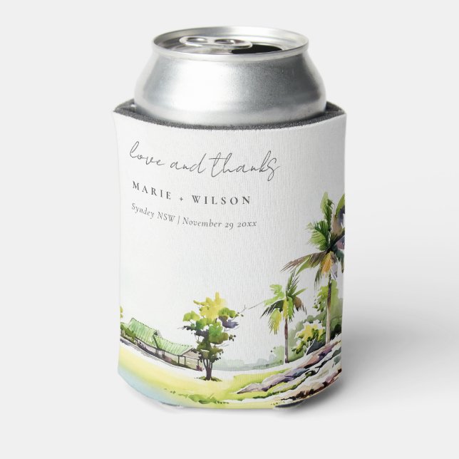 Enfriador De Latas Boda de acuarela de palmeras costeras tropicales (Reverso de la lata)