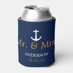 Enfriador De Latas Boda de ancla náutica azul marino y blanco