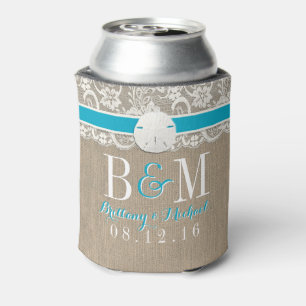 Enfriador De Latas Boda de arena de Beach Rustic Burlap Lace
