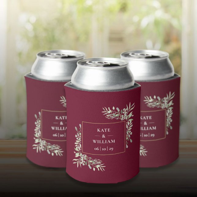 Enfriador De Latas Boda de Borgoña Refrigerador de bebidas del follaj (Burgundy Wedding Greenery Foliage Can Cooler)