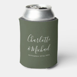Enfriador De Latas Boda de color verde oliva con guión de firma