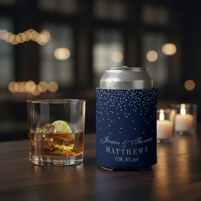 Enfriador De Latas Boda de confeti azul marino y glam plata (Subido por el creador)
