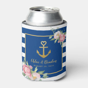Enfriador De Latas Boda de corazón de ancla blanca azul náutica