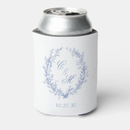 Enfriador De Latas Boda de Corona Botánica de Monograma Azul Polvorie