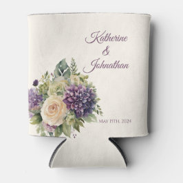 Enfriador De Latas Boda de flores púrpura acuarela -